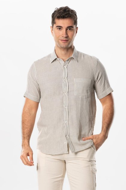 Short Sleeve Sile Cloth Single Pocket Men's Summer Shirt Black Cream Striped 3081