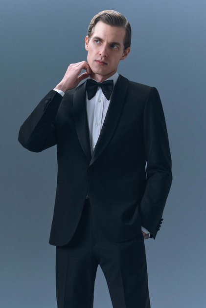 Slim Fit Siyah Düz Yün Karişimli Damatlık & Smokin Takim