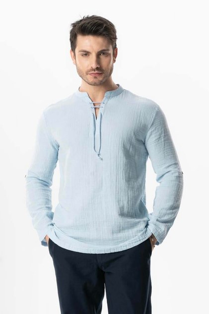 Long Sleeve Climax V-Neck Lace-Up Muslin Men's Summer Tshirt Ice Blue Bmv