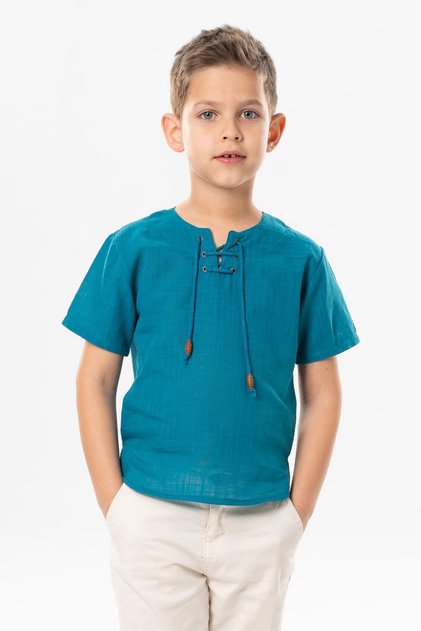 Short Sleeve Şile Cloth Studded Summer Boy's Tshirt Petrol 3053