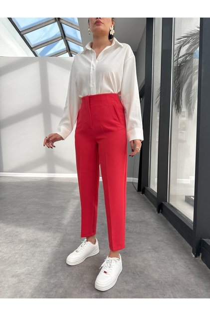 ŽENSKO PANTALONE VISOKOG STRUKA, OLOVKASTOG STILOA, DULJINE DO ČELIKA, VRHUNSKOG KVALITETA, TKANE PANTALONE U BOJI MRKVE KR1000