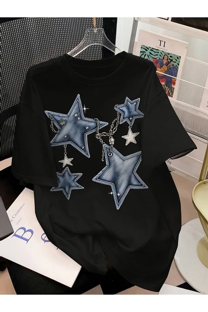 Casual Sun, Moon & Star Graphic Tee for Women - Short Sleeve, Round Neck,