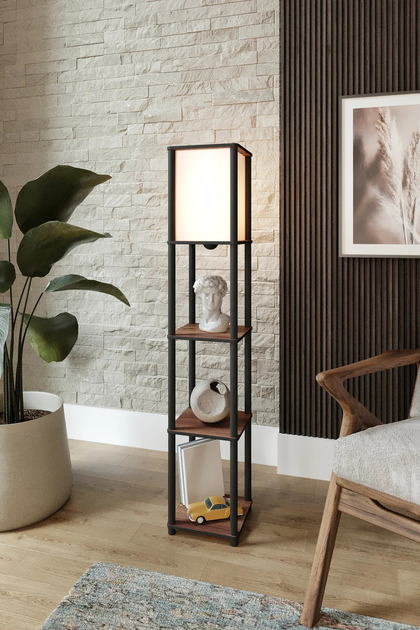 Moss Ceviz Dekoratif Raflı Modern Sehpalı Lambader