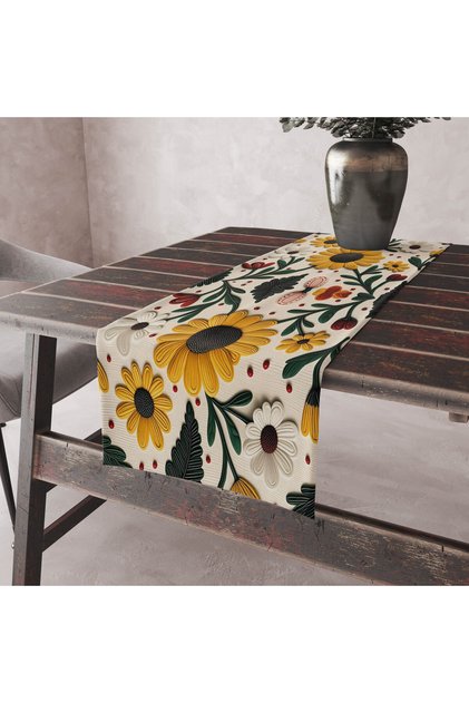 Embroidery Patterned Digital Printed Floral Patterned Autumn Themed 45X100'Cm Decoration Runner Table Cloth