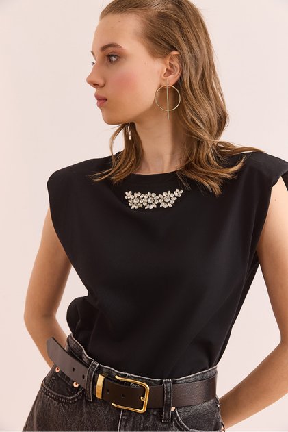 Women's Black Cotton T-Shirt with Cotton Detail Tsh- 19000866