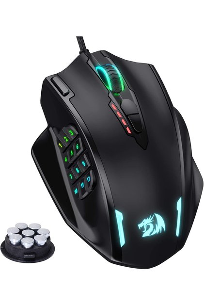 فأرة ألعاب M908 Impact RGB LED MMO مع أزرار جانبية، فأرة ألعاب سلكية بصرية بدقة 12,400 نقطة في البوصة، عالية الدقة، مع 20 زر قابل للبرمجة - خرطوشة تعديل الوزن