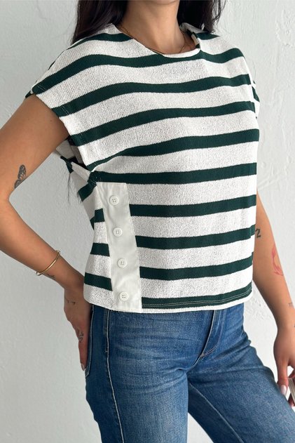Women's Green Striped 100% Cotton Blouse with Button Detail on the Sides