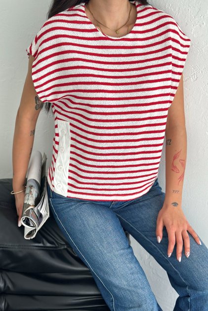 Women's Red Striped 100% Cotton Blouse with Button Detail on the Sides