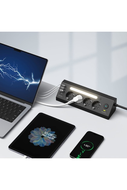 Fulltech FTR-22 Gece Lambalı Akım Korumalı Çoklu Priz - Siyah