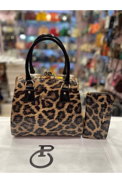 Leopar Desen Rugan Büyük Çanta Ve Cüzdan Seti