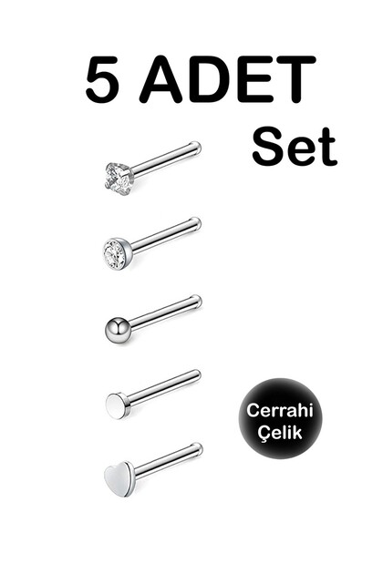 Cerrahi Çelik | Taşlı, Kalpli, Taşsız Minimal Burun Piercingi Hızma Set (5 Adet)