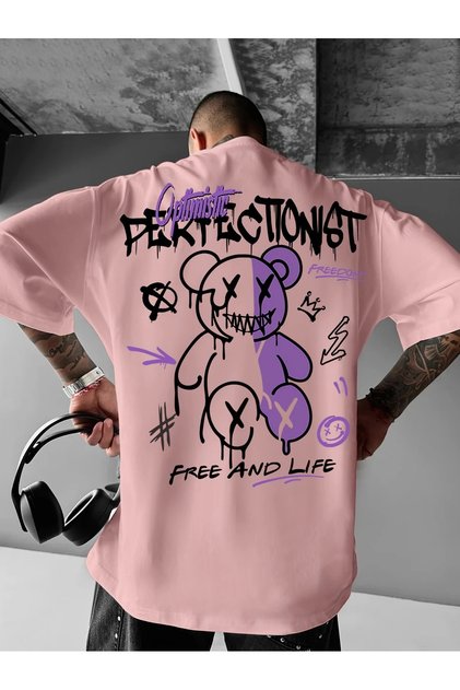 Tricou grafic „Perfectionist” pentru bărbați - roz, croială lejeră, stil streetwear, gât rotund, îmbrăcăminte confortabilă de vară