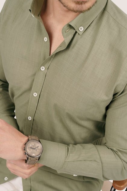 Khaki Collar Buttoned Linen Slimfit Men's Shirt with Gift Box