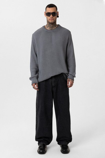 Oversize Yıkamalı Triko Kazak Gri