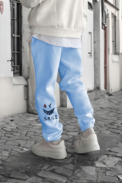 Smile Face Baby Blue Jogger Sweatpants - Elastic Leg Printed Comfortable Style with Leg Print Detail