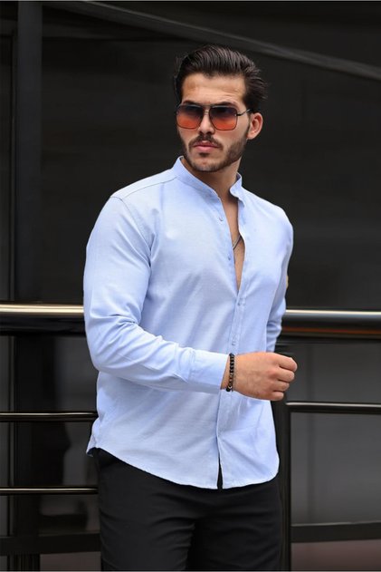 Hakim Collar Oxford Fabric Long Sleeve Shirt - Blue