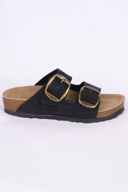 7191 Leather Comfortable Sole Belted Black Daily Women's Slippers