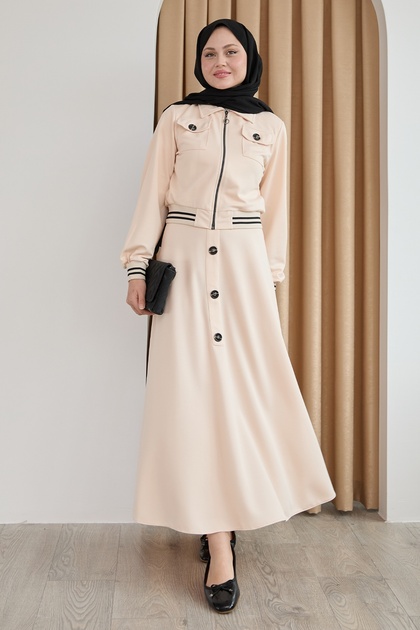 Ribbed Buttoned Cream Double Suit