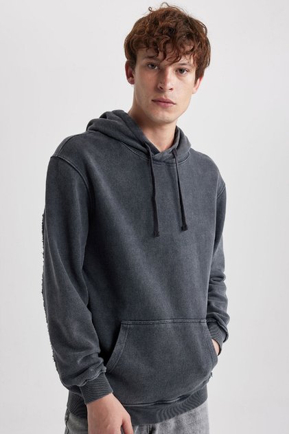 Black Regular Fit Hooded Washed Faded Effect Kangaroo Pocket Sweatshirt B1118Ax23Au