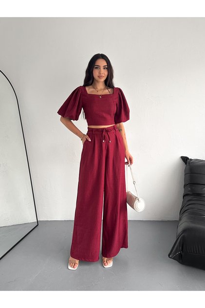 Burgundy Square Collar Crop Blouse Bpl Leg Trousers Double Sofia Linen Set