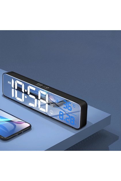 LED Ekranlı Aynalı Masa Saati Sıcaklık Tarih Alarmlı Şarjlı Dijital Elektronik Saat