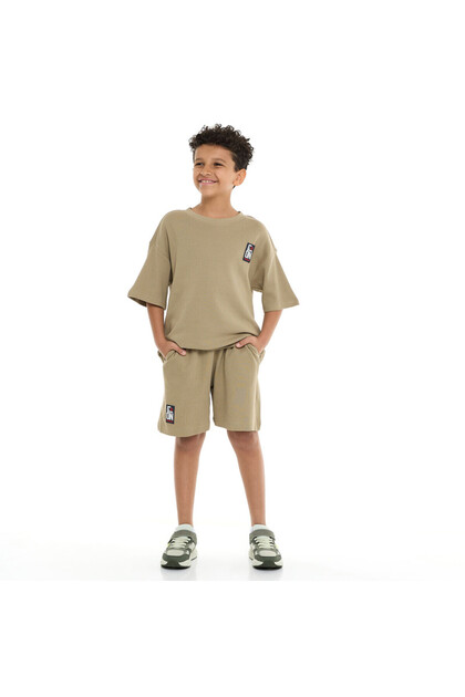 Boys' Cord Set – Olive T-Shirt and Shorts Outfit with Label Detail