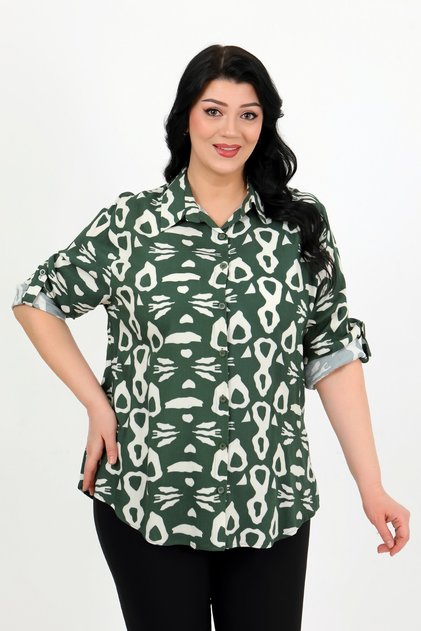 Women's Khaki Patterned Cotton Viscose Large Size Shirt