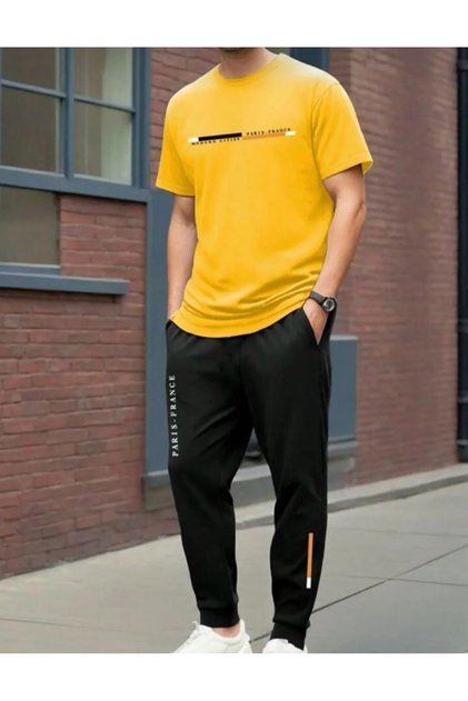 Yellow Oversize Paris Special Design Printed Crew Neck T-Shirt - Black Jogger Sweatpants Set