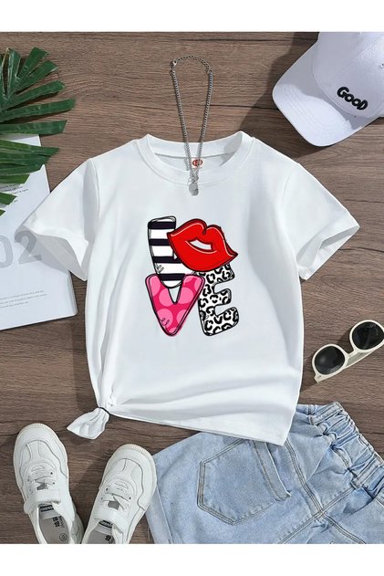Love Lip Printed Premium Tshirt with Bicycle Collar for Girls