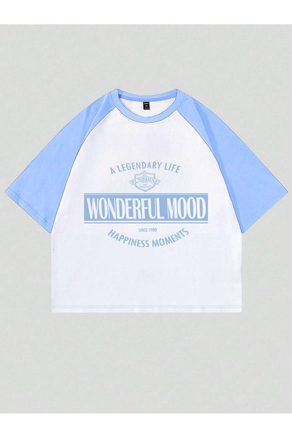 Wonderful Mood Süprem Crop T-Shirt - Beyaz Bebe Mavi Baskılı Oversize Bisiklet Yaka Tişört