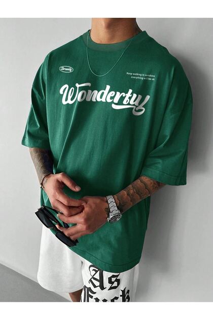 Wonderful Single Jersey T-Shirt - Nefti Green Printed Oversize Crew Neck T-Shirt