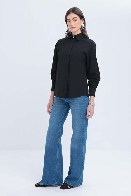 Black-Sleeve Gathered Poplin Shirt