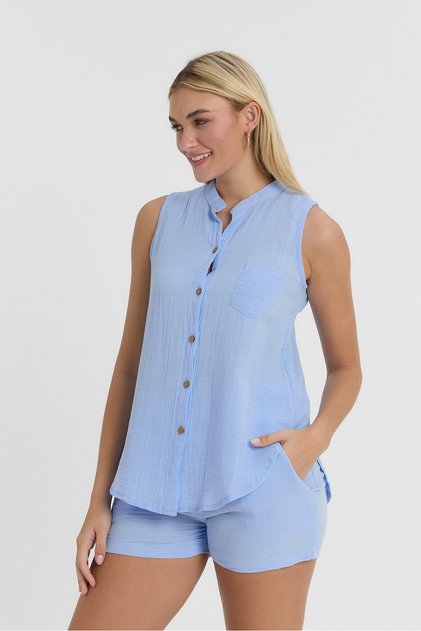 Muslin Collar Sleeveless Shirt - Full Button - 1090
