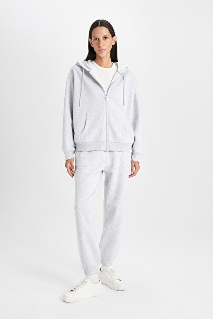 Defacto Relax Fit Kapüşonlu Cepli Basic Düz Fermuarlı Sweatshirt