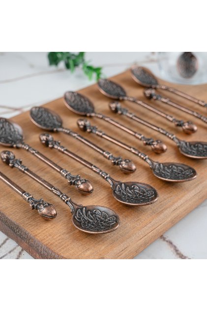 Gaziantep Rose Motif Teaspoon Set of 12 Copper Color Zamak with Bun Head