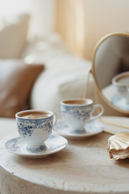 Set of Two Vintage Patterned Porcelain Coffee Cups (Blue)