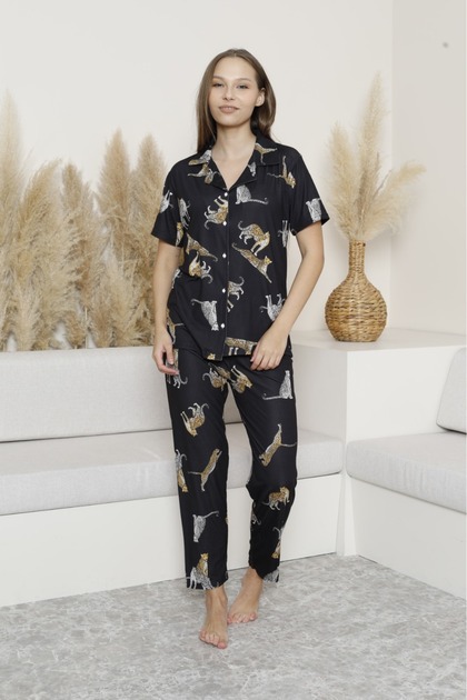 Kısa Kol Milan Pijama Takımı Leopar Desenli ANNE-KIZ KOMBİN