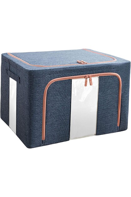 Cutie de Depozitare Pliabila Flippy, 100L, Textil, 60x42x40 cm, Albastru Marin cu Doua Ferestre