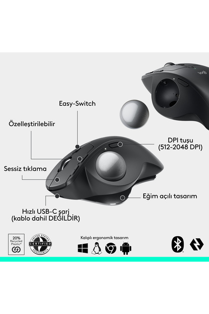 logitech MX ERGO S Gelişmiş Bluetooth Kablosuz Trackball PC/Mac