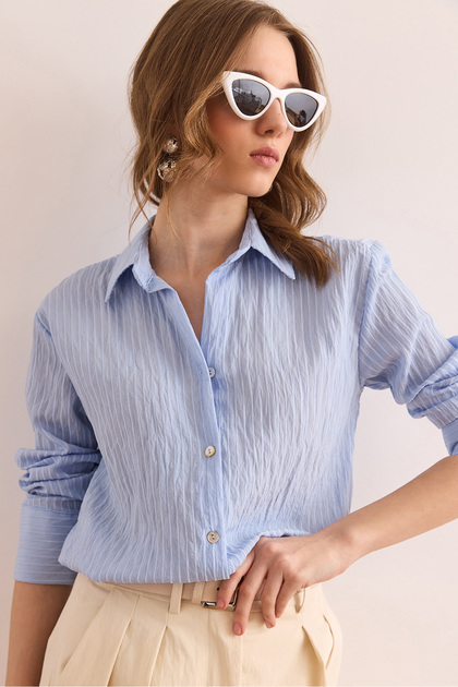 Women's Baby Blue Stylish Woven Shirt with Transparent Detail Gml- 19001312