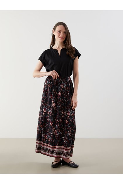 LCW Grace Schwarzer gemusterter Damenrock mit elastischer Taille