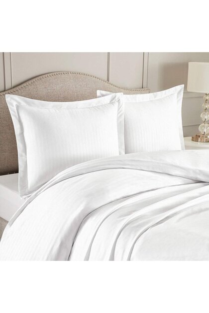 Set 2 fețe de masă Hotel, Damasc cu dungi de 1 cm cu margini Oxford, 40x40 cm, Alb