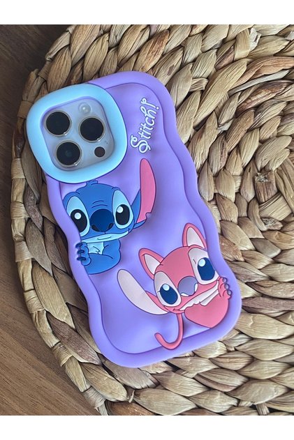 Iphone 15 Pro Max (6.7 inç) Uyumlu Sevimli Stitch Desenli Yumuşak Hamur Silikon Lüks Kılıf Kapak