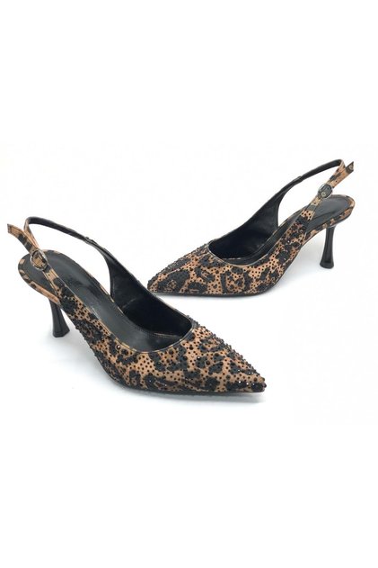 Feles Taş Detaylı Arkası Açık Stiletto Kadın Topuklu Ayakkabı LEOPAR