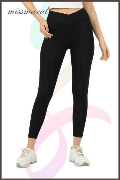 Women's Black Cross Belt Detailed Leggings High Waist Recovery Ankle Length Cross Waist 11011