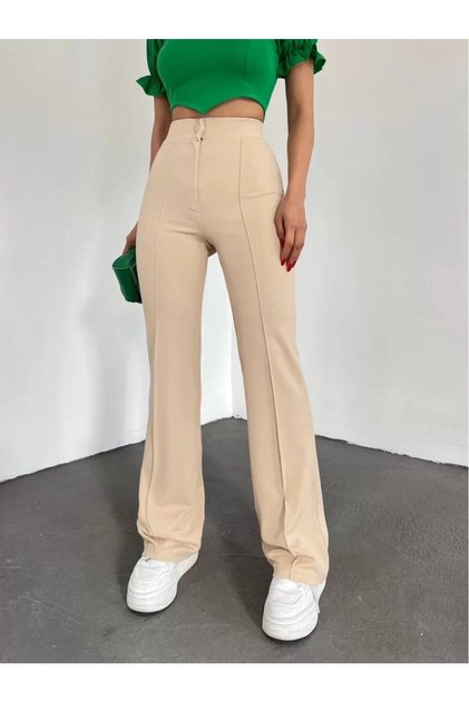 Women's Beige Ribbed Stitched Gathering High Waist Lycra Flared Trousers
