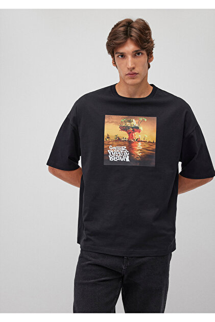 Mavi Gorillaz Baskılı Siyah Tişört Oversize / Geniş Kesim 0612297