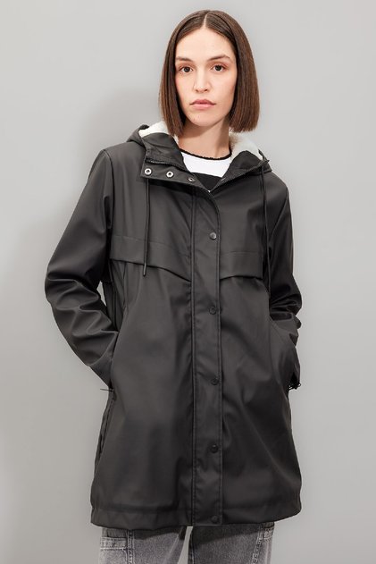 Waterproof Regular Fit Hooded Faux Fur Lined Faux Leather Raincoat