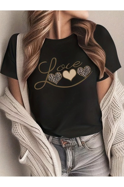 Casual Heart Leopard Print T-Shirt for Women - Soft Polyester, Crew Neck