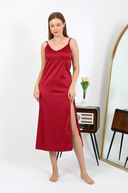 Fashion Stripe Slit Long Satin Nightgown Burgundy 7410